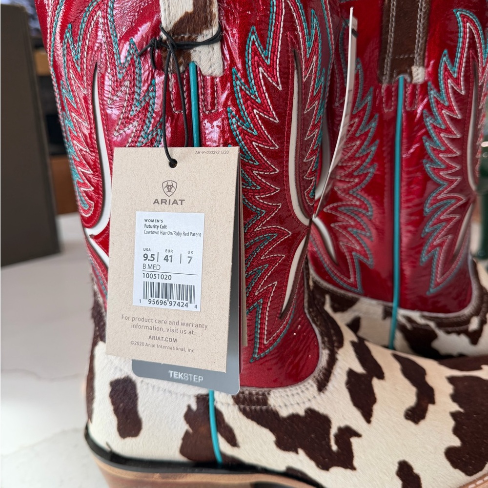 Ariat Brown and White Cowhide Leather Heeled Boots with Turquoise Lining - Picture 2 of 14